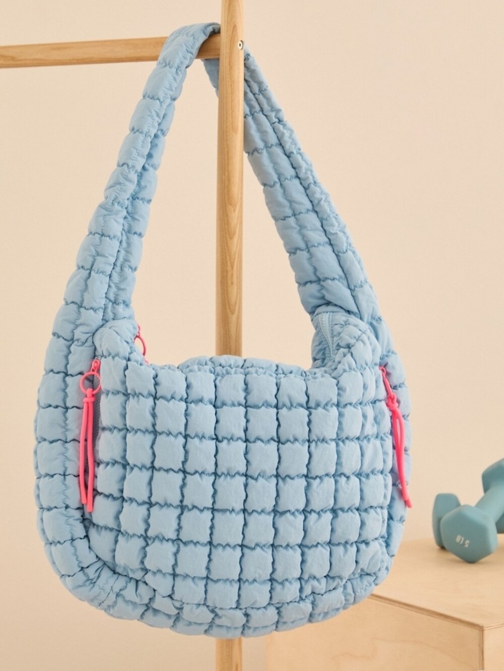 As Revival Carry All Quilted Puffer Hobo Bag in Light Blue with Neon Pink Accent